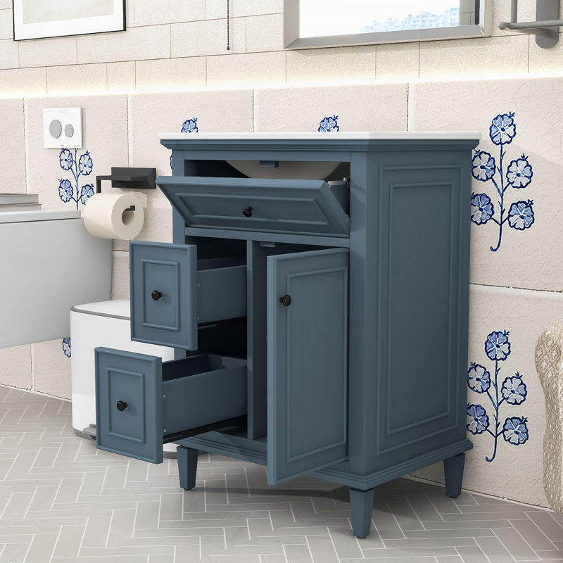 Meuble-lavabo simple contemporain en bois avec lavabo en céramique, tablette réglable et tiroirs de rangement, Bleu gris
