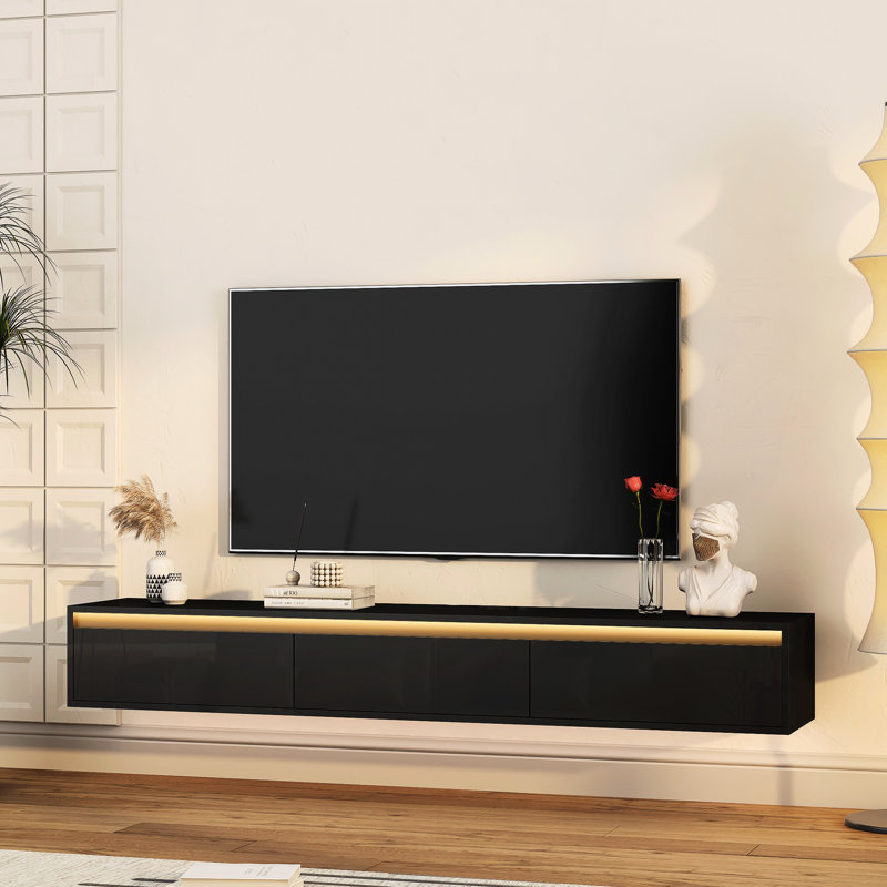 Armoire de télévision flottante avec rangement et tactile, noir ultrabrillant, fixation 60-69 po, bande élégante, rangement pratique