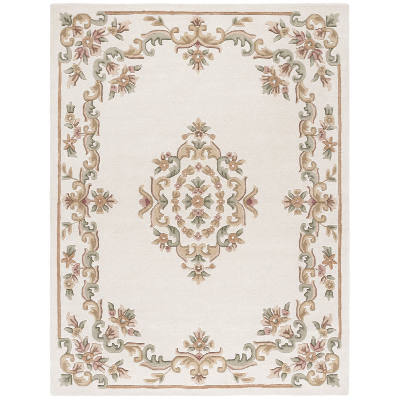 Tapis vert / ivoire en laine / coton touffeté à la main Stemple, Rectangulaire 8 pi x 10 pi