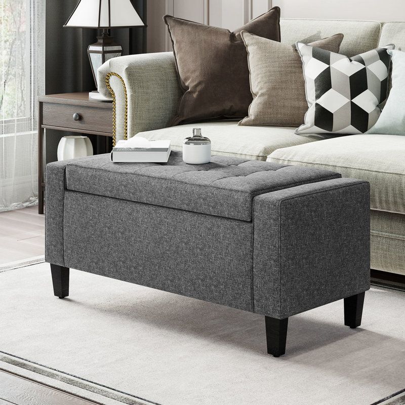 Banc de rangement rembourré en lin gris, plateau relevable et bouton pour l'espace de vie, tabouret de pieds polyvalent, banc de lit avec grand espace de rangement, unité fonctionnelle