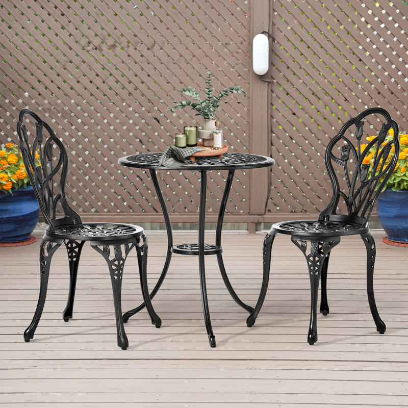 Outdoor 3-Piece Cast Aluminum Rose Bistro Set, Black
