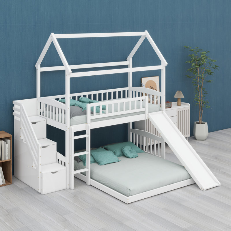 Lit superposé avec glissade et tablettes pour enfants, Blanc