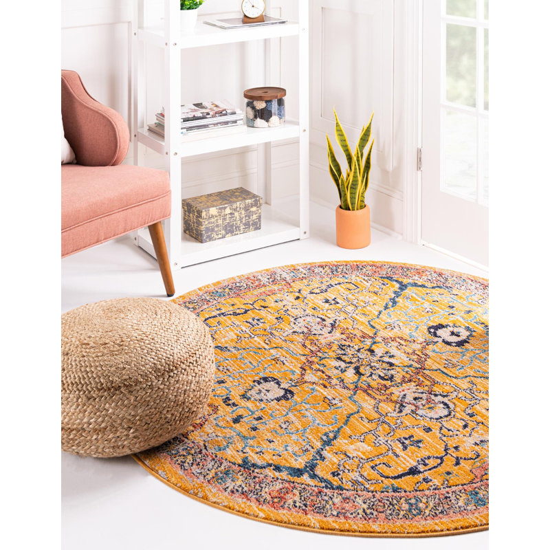 Tapis jaune / bleu / rouge Indigo, Rond 3 pi 11 po