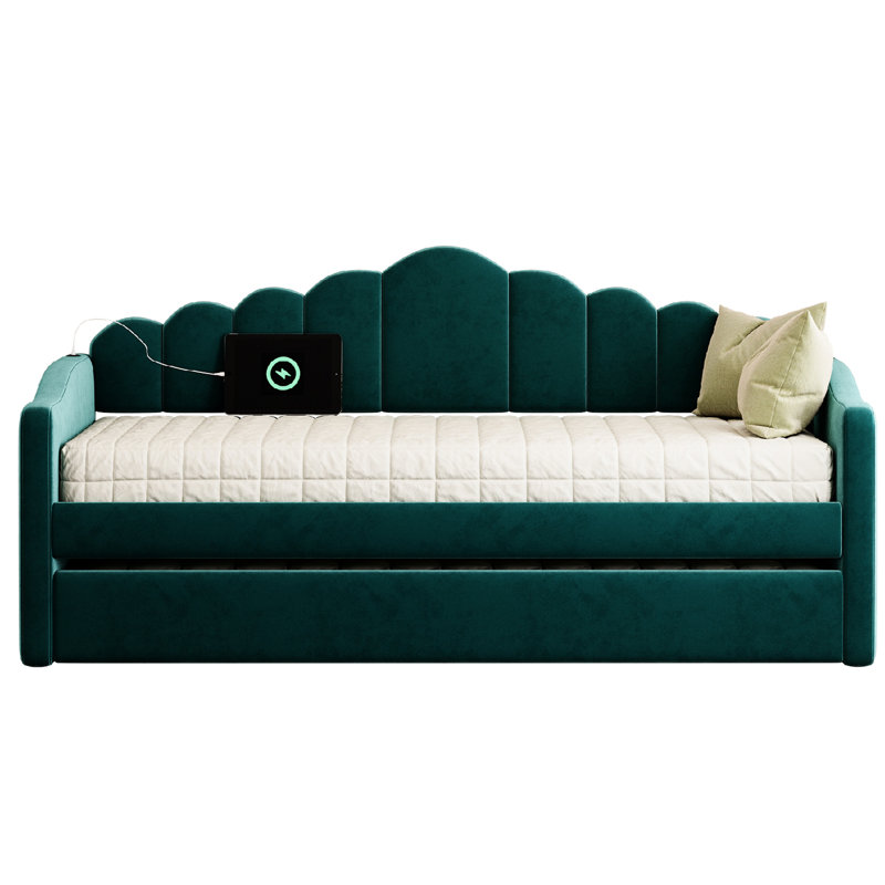 Lit de jour simple en velours avec couchette, accoudoirs de charge, poches de rangement pour lit gigogne et station de divertissement, décoration fonctionnelle confortable et stable