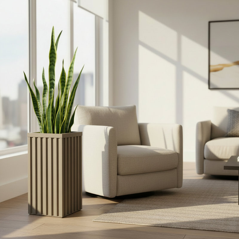 Boîte à fleurs carrée à colonne grise dans un abat-jour gris brun, aluminium léger conçu pour une utilisation à long terme, ouverture de drainage prédécoupée, finition thermolaquée de couleur unie et bois moderne, plateau intérieur réglable