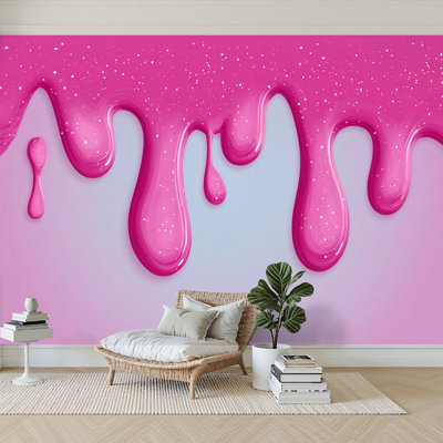 Peel and Stick Wallpaper 144" W x 100" H Modern Self Adhesive Wall Mural for Bedroom Glitter slime dripping pink Glossy texture girly colors