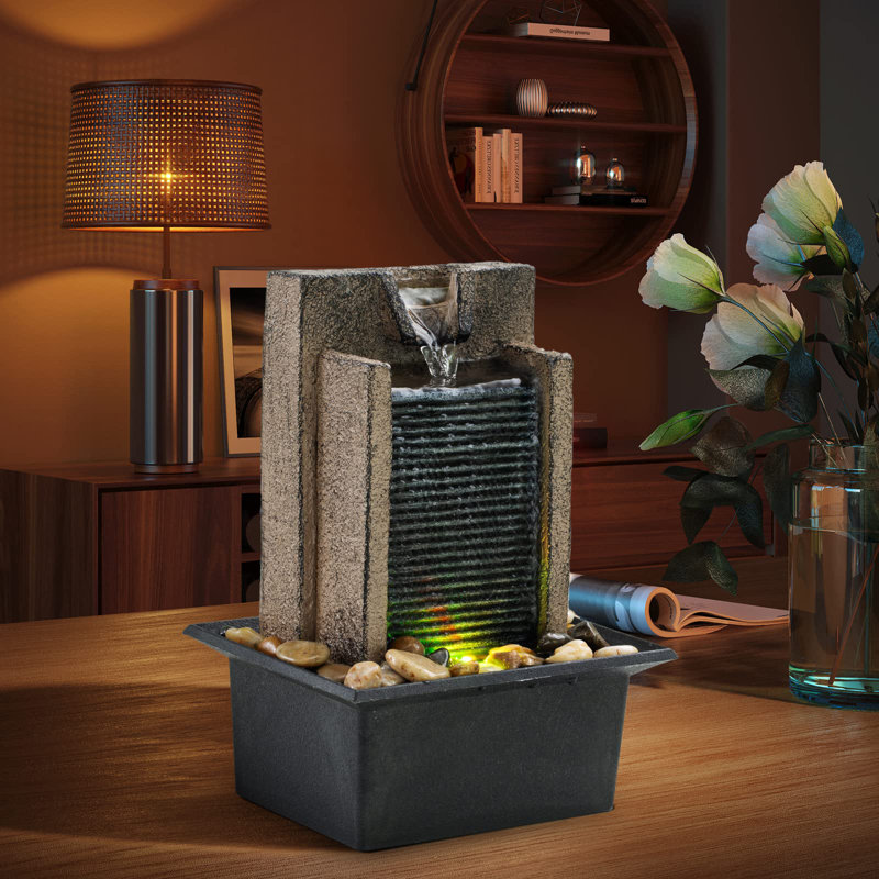 Modern Resin Tabletop Fountain with Colorful Lights and Natural River Rocks