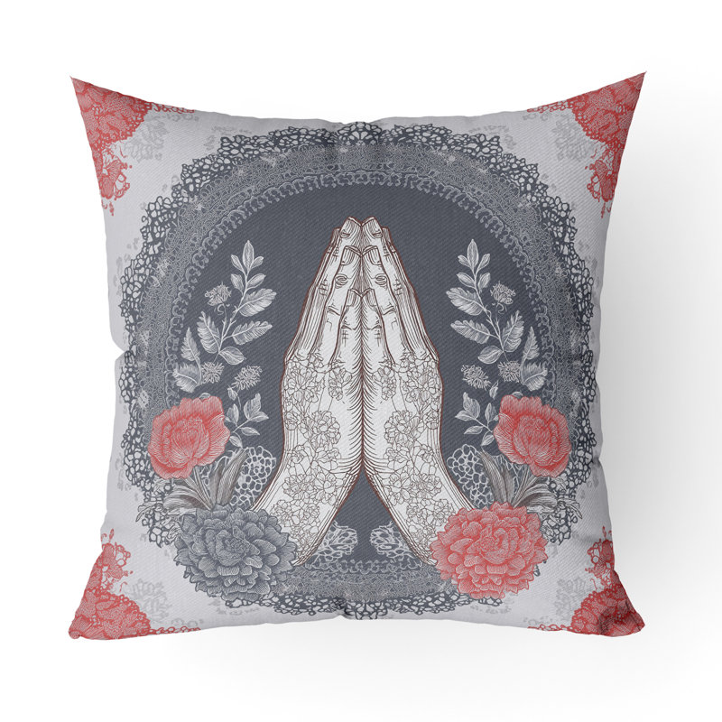 Lotus Bloom Sanctuary Intérieur/Extérieur 18x18, Square 18", Grey/Coral