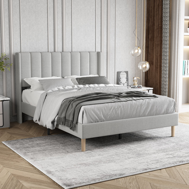 Upholstered Wingback Bed, Light Gray, King