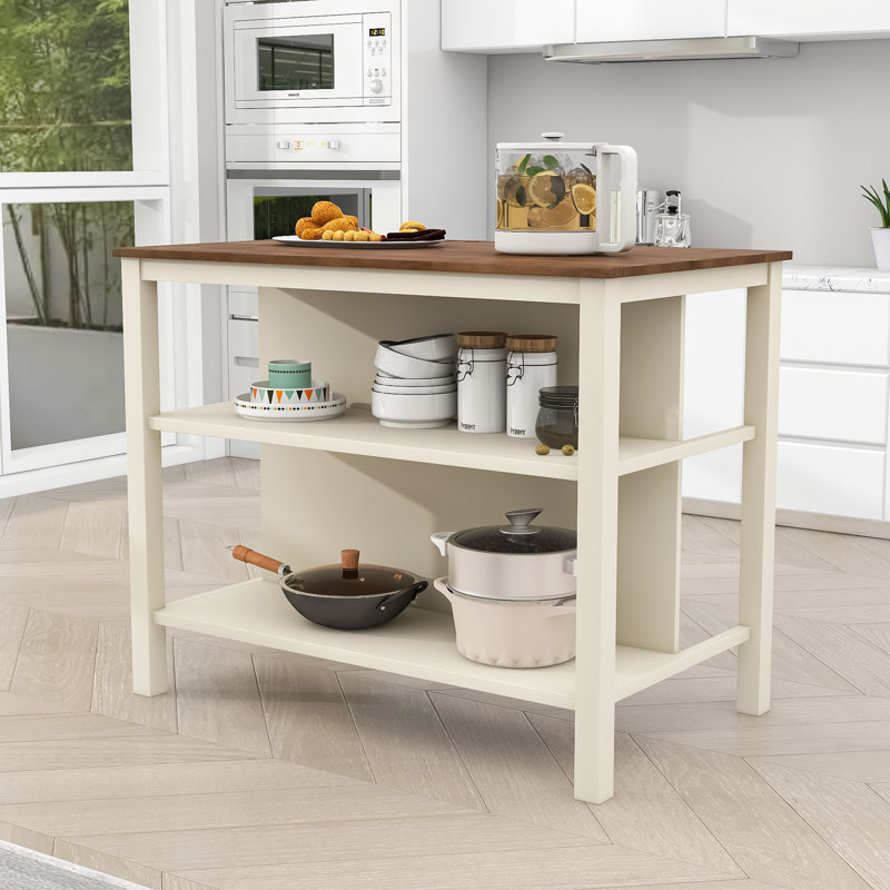 Kianne Wood Stationary Kitchen Island With Shelves