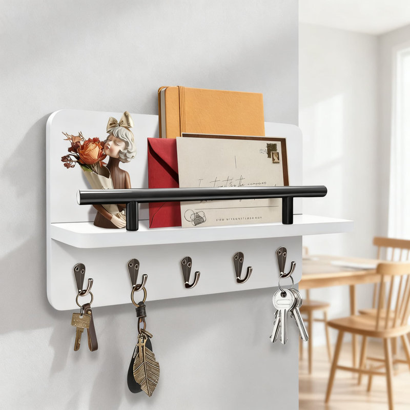Porte-clés mural avec tablette et crochets, porte-clés rustique en bois pour l'organisation du vestibule, courrier, laisses et articles essentiels