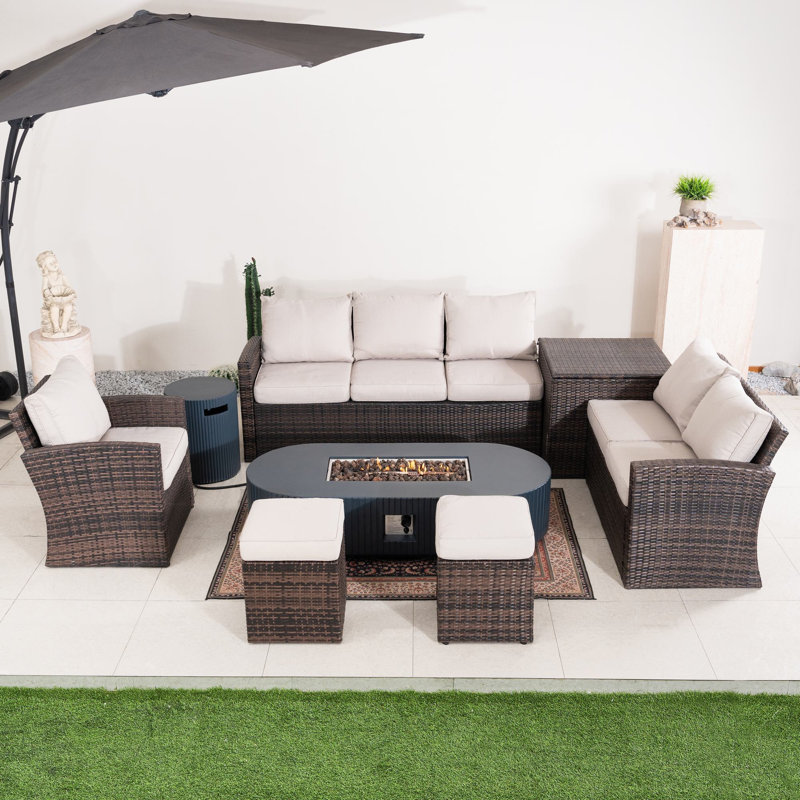 Ensemble de conversation d'extérieur pour 8 personnes avec coussins Gingras Cresty, Beige, Brun