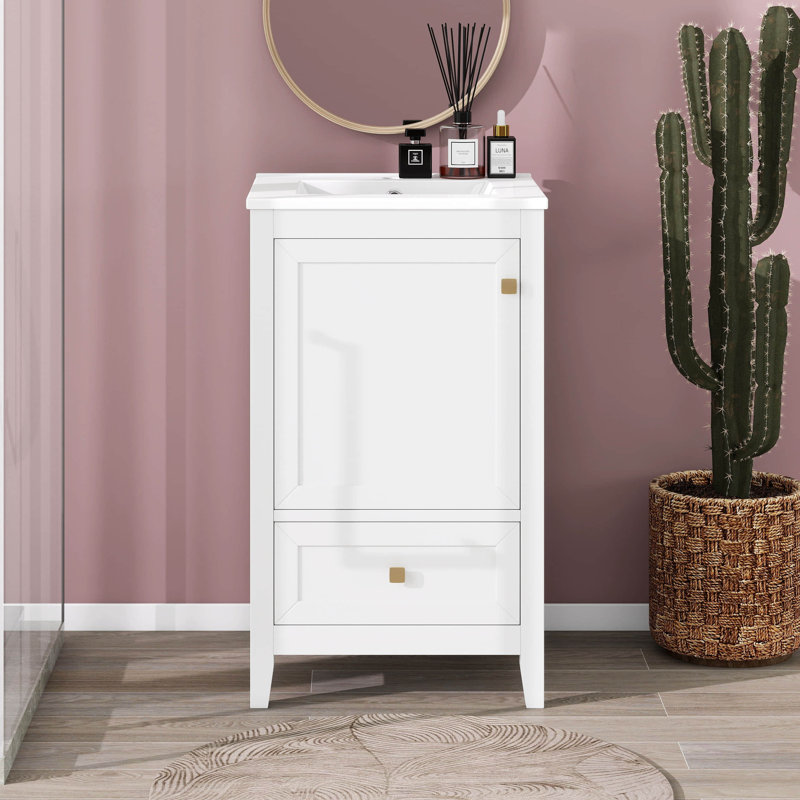 Meuble-lavabo de 20 po avec lavabo, meuble-lavabo en bois massif avec tiroir, support de rangement et porte à fermeture douce