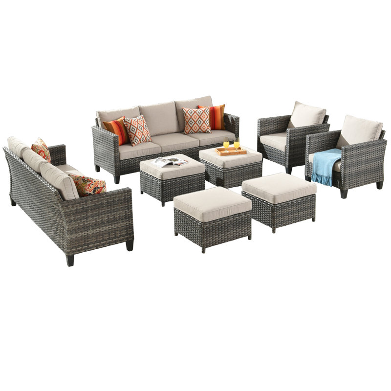 8 - Person Patio Conversation Set with Cushions, Beige