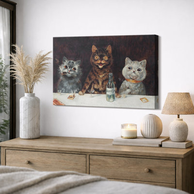 Vintage Funny Cats at Table Artwork, Dining Room Pictures, Framed Canvas Giclee Print Wall Art.