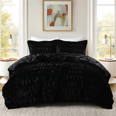 Très grand édredon en fausse fourrure de couleur unie très grand noir / noir, envers en vison doux cousu de bout en bout, sécher par culbutage séparément 3 pièces noires avec 2 taies décoratives, rembourrage, séchage