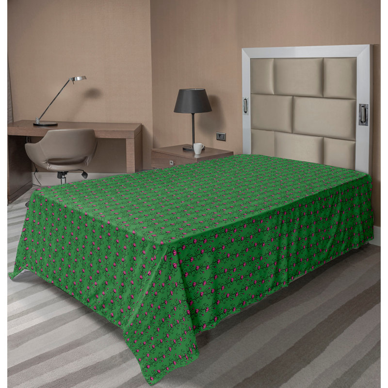 Drap plat moderne de style bohème Ambesonne, Drap plat pour lit simple, Rose / motif floral vert fougère