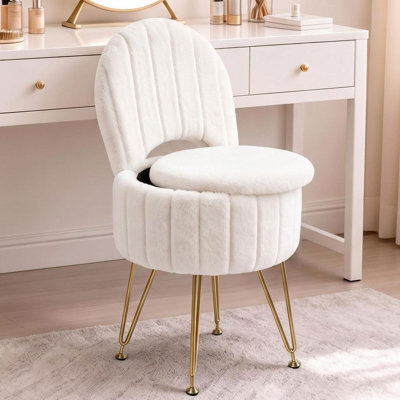 Vanity Stool Chair with Storage, Folding Back,Faux Fur,White,Small