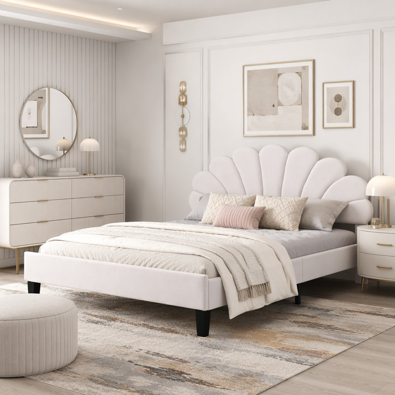 Lit plateforme tapissier avec tête de lit en velours à motif floral, Grand lit, Beige