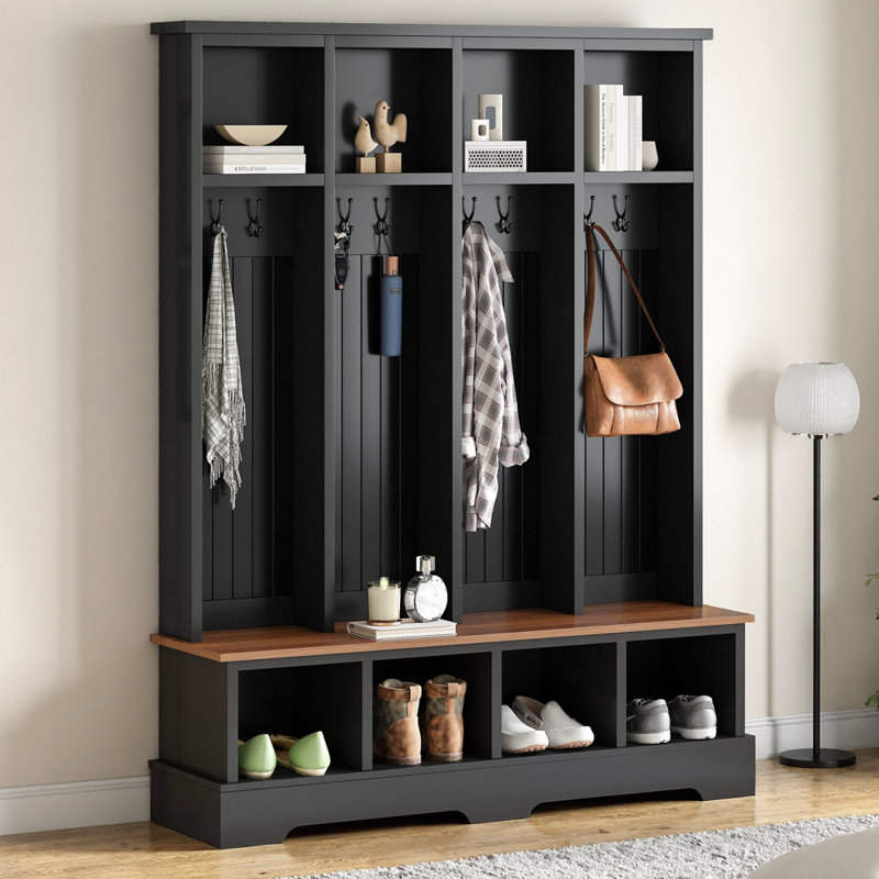 Hall Tree 59.02" Wide With Bench And Storage, Black