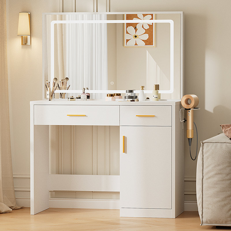 Coiffeuse de maquillage avec miroir lumineux à DEL et prise de courant, coiffeuse de maquillage avec 2 tiroirs, 1 armoire