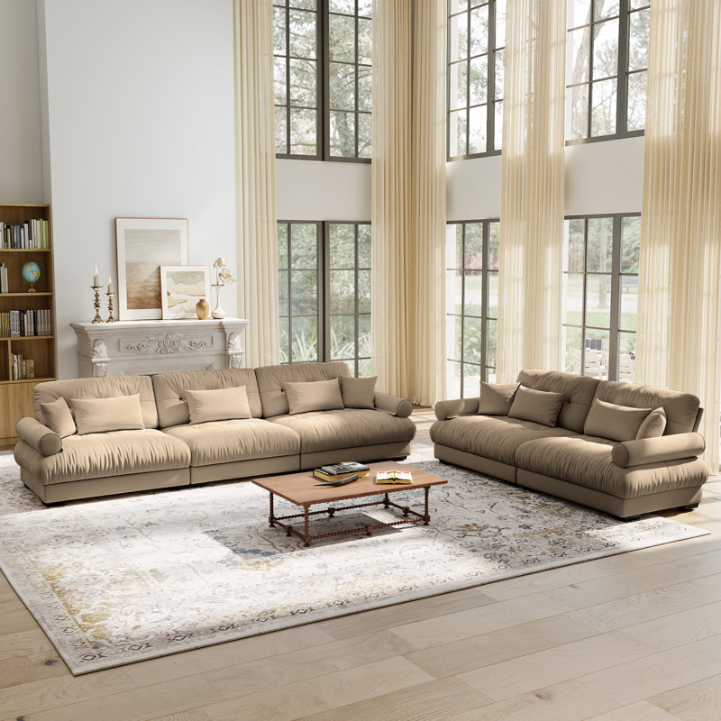 Ensemble de canapé de salon 2 pièces en velours avec coussins et accoudoirs à traversin, Ensemble de 5 sièges, Beige avoine