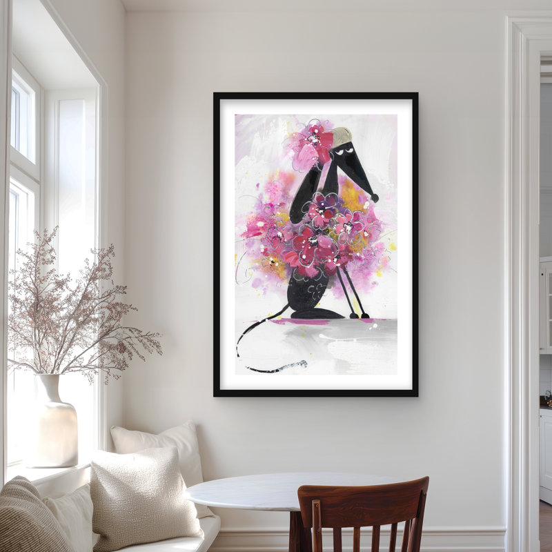 Dessin de chien avec fleurs roses - reproduction encadrée pour la décoration intérieure
