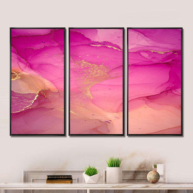Ensemble abstrait d'art mural en toile abstraite, nuage d'encre rose doré - nuages d'encre rose et or, Cadre noir
