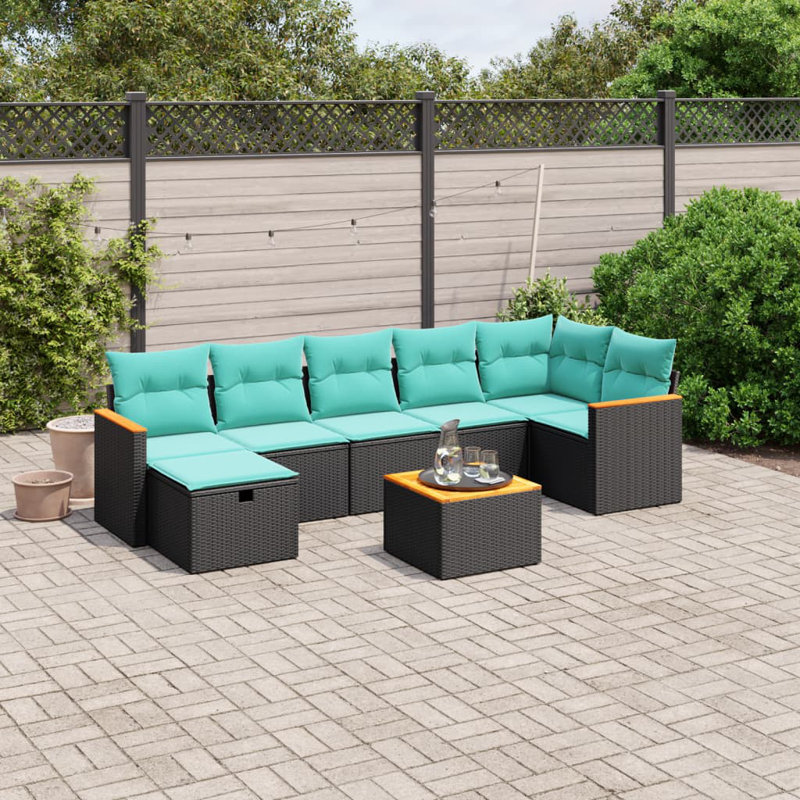 Ensemble de canapé de patio 8 pièces avec coussins en rotin de polyester, Bleu clair, Noir