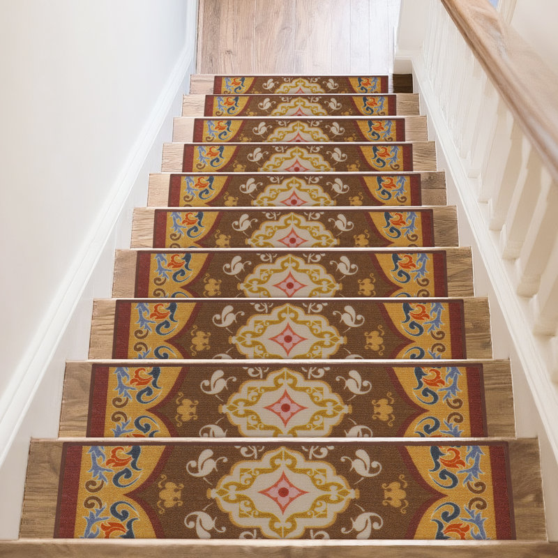 Tapis d'escalier antidérapant Nalesha, 15Pcs, Brun géométrique, Rectangle 30 po x 8 po