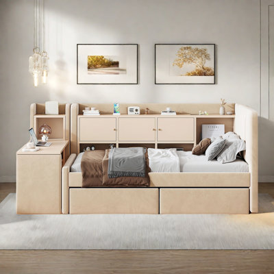 Upholstered Daybed With 2 Drawers, Storage Shelves, Flip Cabinets & Side Table, Vertical Striped Design by Hokku Designs