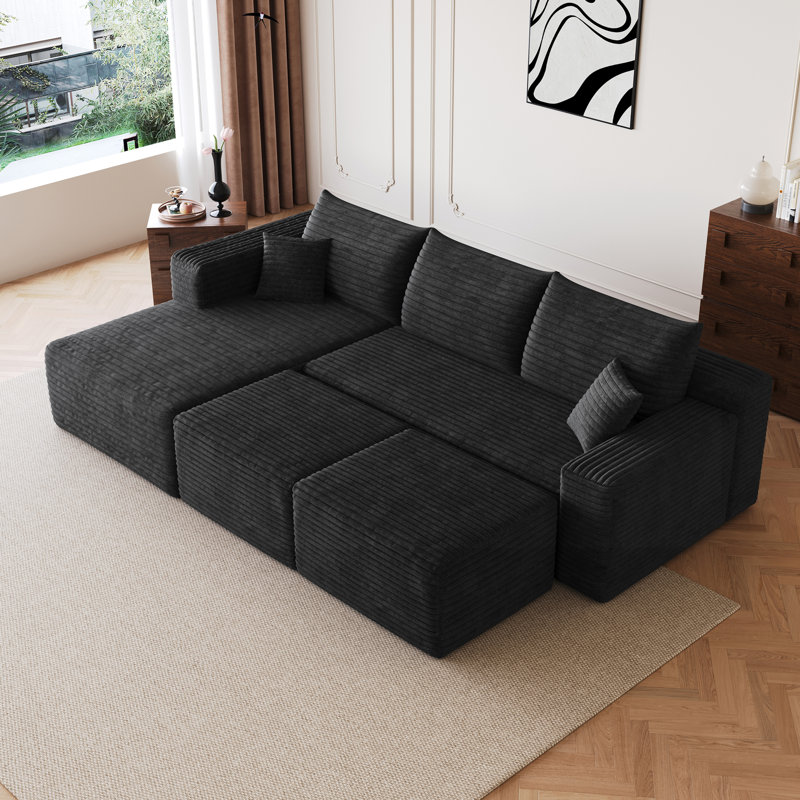 Canapé modulaire 95 po avec 2 repose-pieds Cloud, coussins rembourrés minimalistes modernes, canapé en U confortable pour le salon, canapé d'angle à assise profonde, aucun assemblage requis, noir (tissu en velours côtelé moelleux)