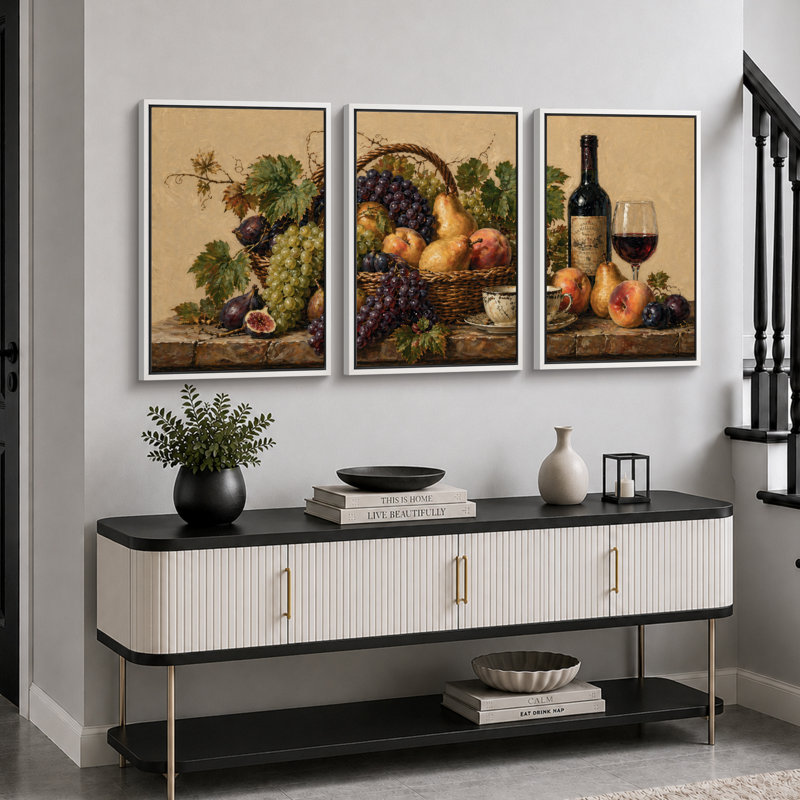 «Vintage Fruit Wine Still Life», art de salle à manger, impression sur toile encadrée, 3 pièces, H 24 po x l 48 po x P 1,5 po