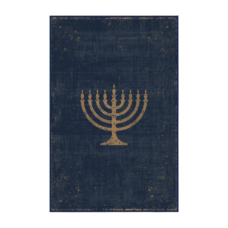 Soft Plush Fehrenbach Hanukkah Modern & Contemporary Abstract Area Rug in Gray – Navy Binding, 5x7