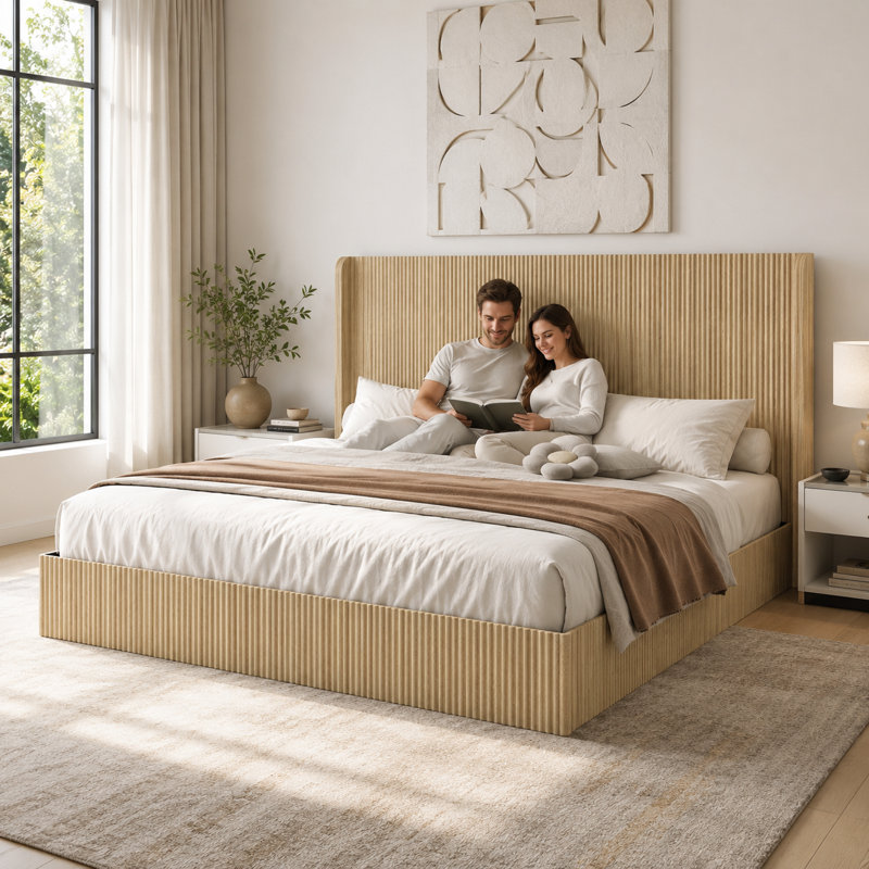 Lit plateforme très grand en bois Peirce avec tête de lit haute à oreilles, finition bois naturel, Très grand lit
