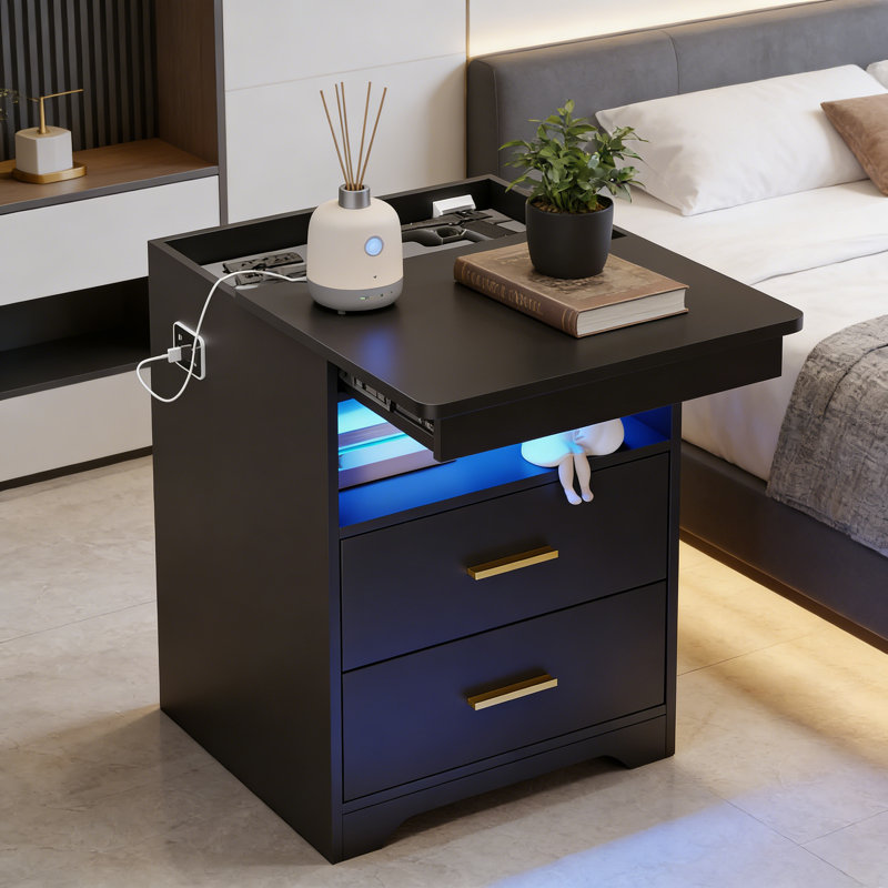 45cm W Manufactured Wood Bedside Table, Black