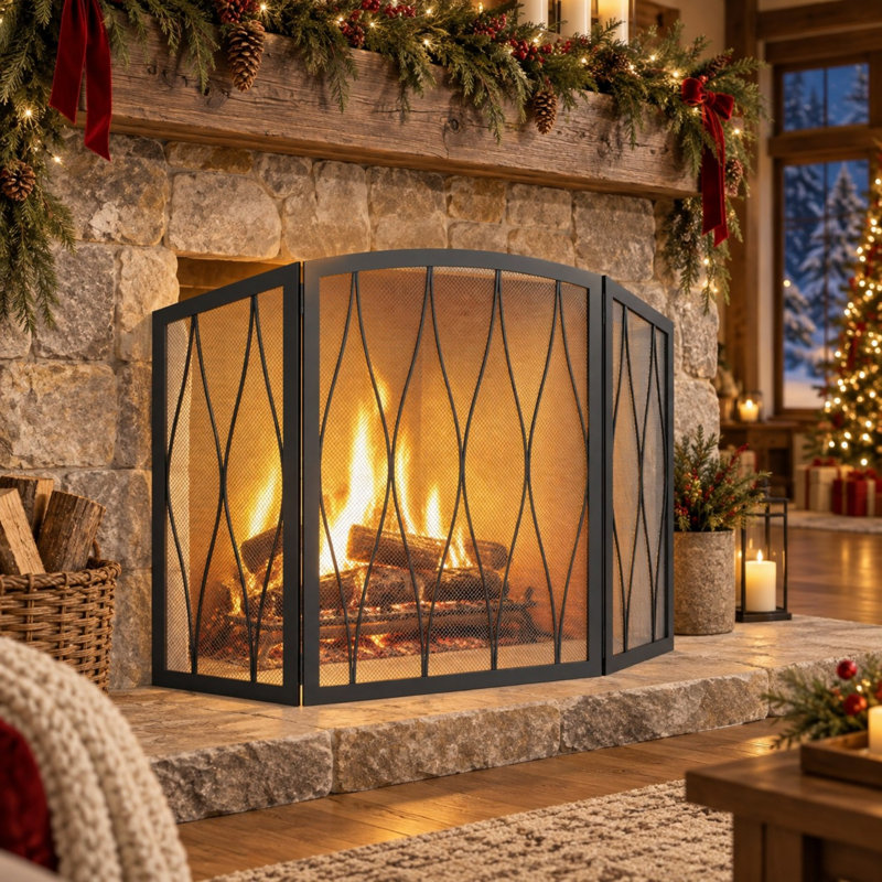 Pare-feu en fer forgé à 3 panneaux de 121,4 cm (47,8 po) avec maille décorative