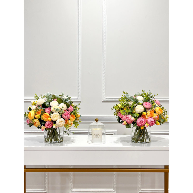 17 Inch Multicolor Real Touch Rose and Silk Peony Centerpiece in Clear Glass Vase, Yellow Pink White Faux Floral Arrangement for Dining Table and Wedding Decor