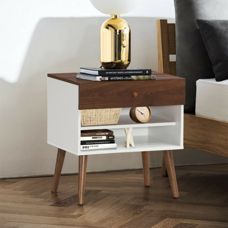 Table de chevet Mid-Century avec tiroir et pieds en bois d'hévéa