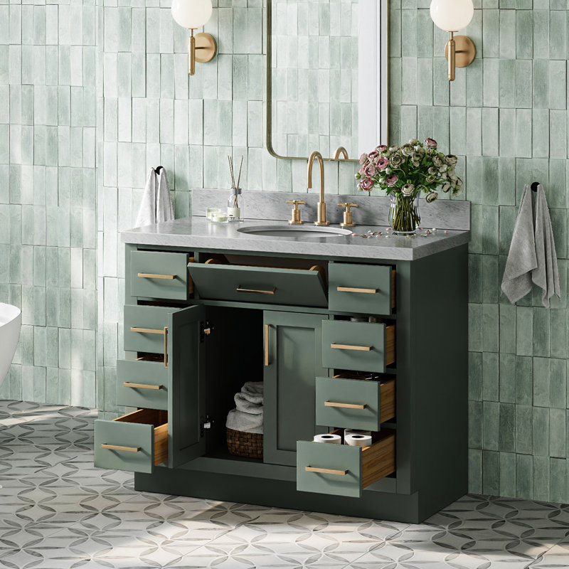 Thornaby 42'' Solid Wood Single Bathroom Vanity with 1.5'' Carrara Marble Top, Natural Oak / Matte Black, Oval