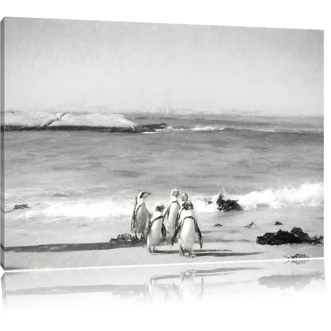 Leinwandbild Pinguine am Strand in Schwarz/Weiß