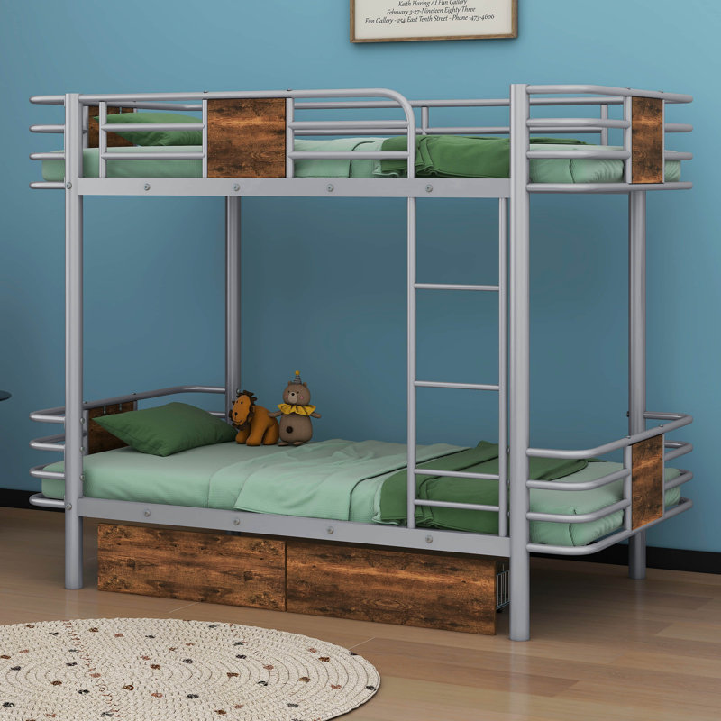 Lit superposé simple en métal avec tiroirs de rangement Nanango, Argent