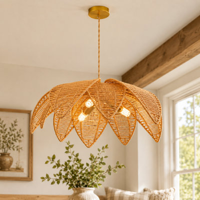 3 -Light Bohemian Rattan Leaf Pendant Light (Bulb Include)