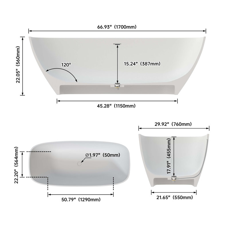 67" Premium Solid Surface Deep Soaking Bathtub