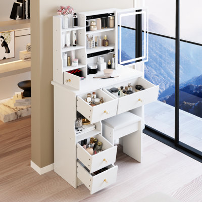 29.2" Left Drawer Desktop Vanity Table With Cushioned Stool, Large Sliding, Tri - Color Switching, Brightness Adjustable Led Mirror, High Capacity Storage For Small Sized Rooms Touch Operated Compact