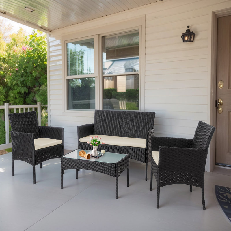 Julus Shena 4 Person Patio Outdoor Seating Group with Cushions, Beige, Black