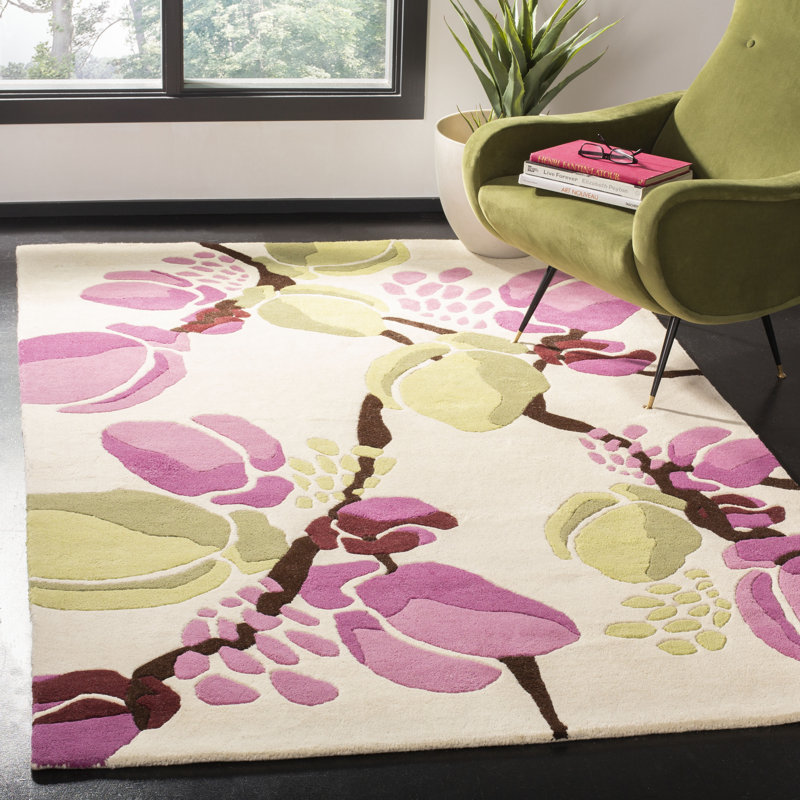 Tapis ivoire / rose touffeté à la main Avayah, Rectangle de 5 pi x 8 pi