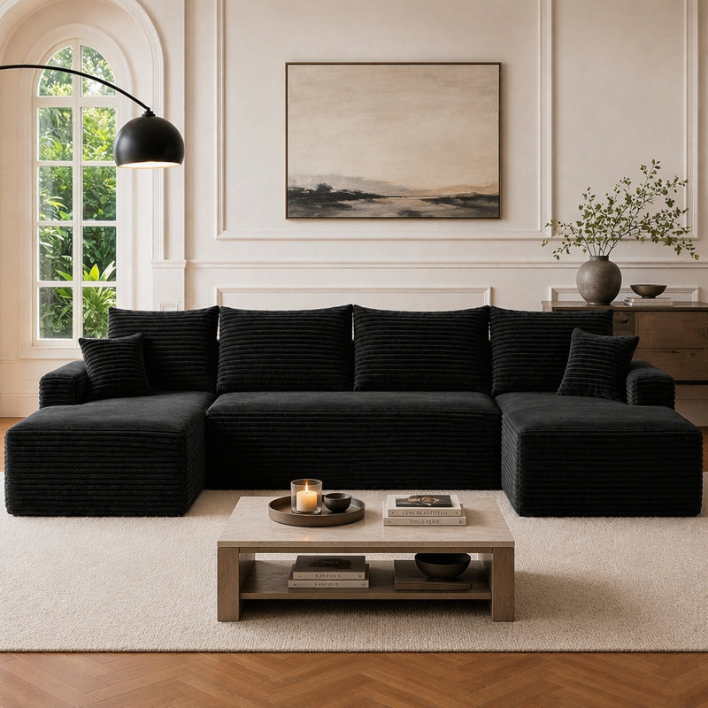 Canapé modulaire en U en forme de nuage, Velours côtelé noir