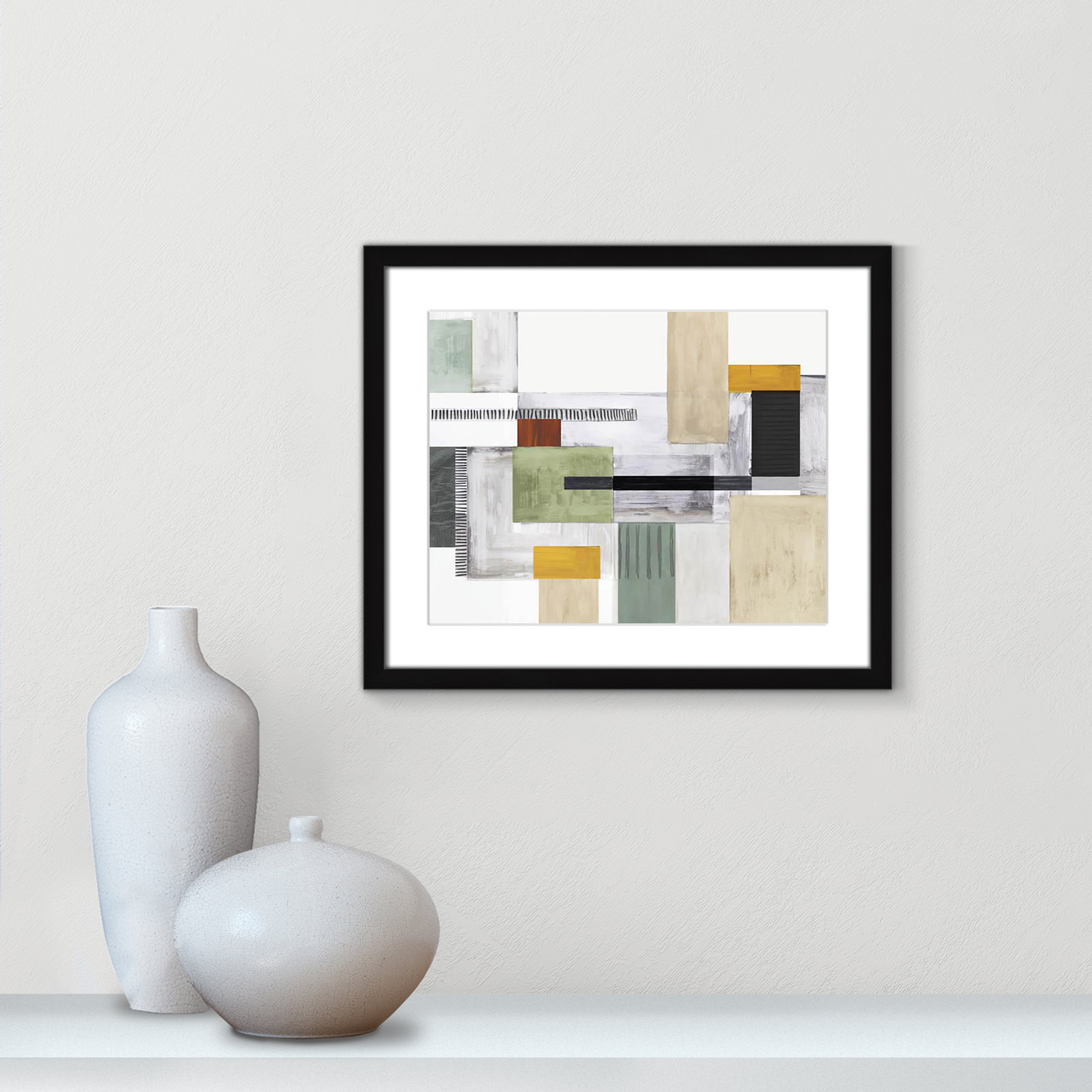 Playful Blocks by Tom Reeves, White, Black Box Picture Framed, 16" H x 19" W x 1.25" D