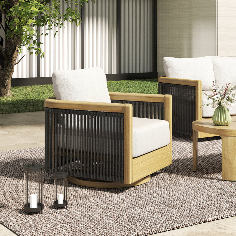 Fauteuil de patio pivotant en corde de bois naturel avec coussins beiges Overture
